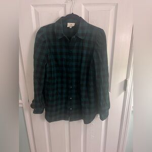 Tuckernuck Saranac Shirt Green Black Plaid Cotton Flannel Size M Puffed Shoulder